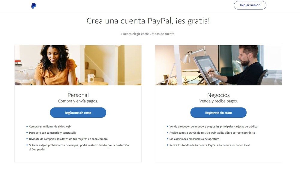 Página oficial de creación de cuentas Paypal