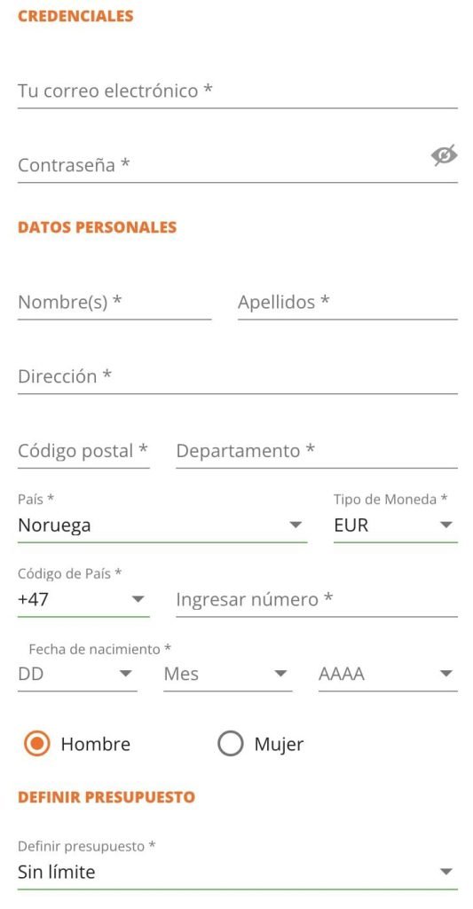 Formulario de registro de Betsson