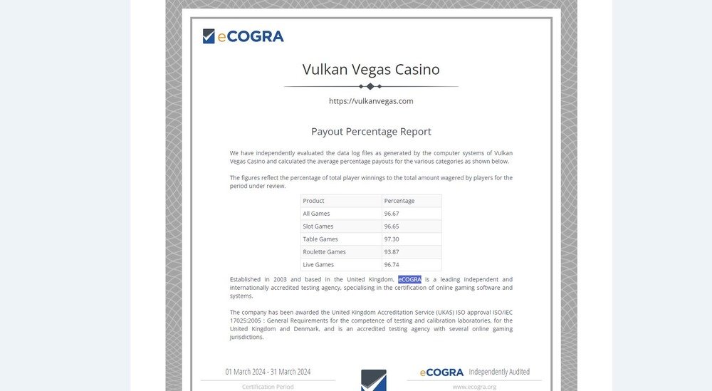 Información sobre la licencia del casino Vulkan Vegas 