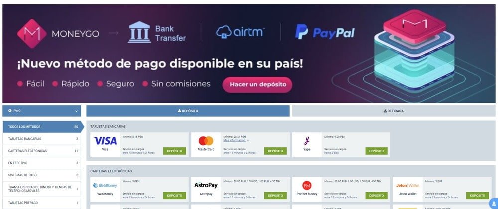 Métodos de pago del casino 1xbet