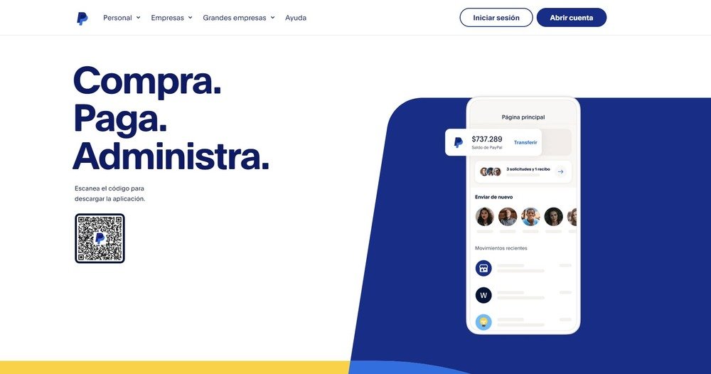 Página de inicio del sitio web oficial de Paypal